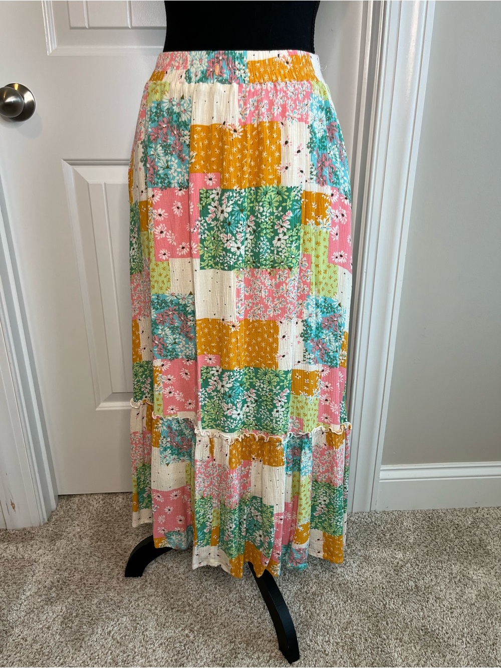 Women's Patchwork Floral Maxi Skirt - Pink, Green & Mustard
